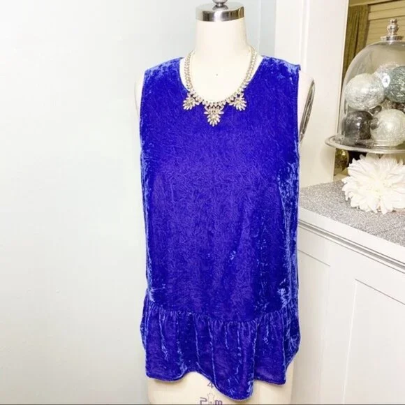 J. Crew Sleeveless Velvet Scoop Neck Popover Tank Top Ruffled Hem Cobalt Blue 0 - Picture 6 of 12